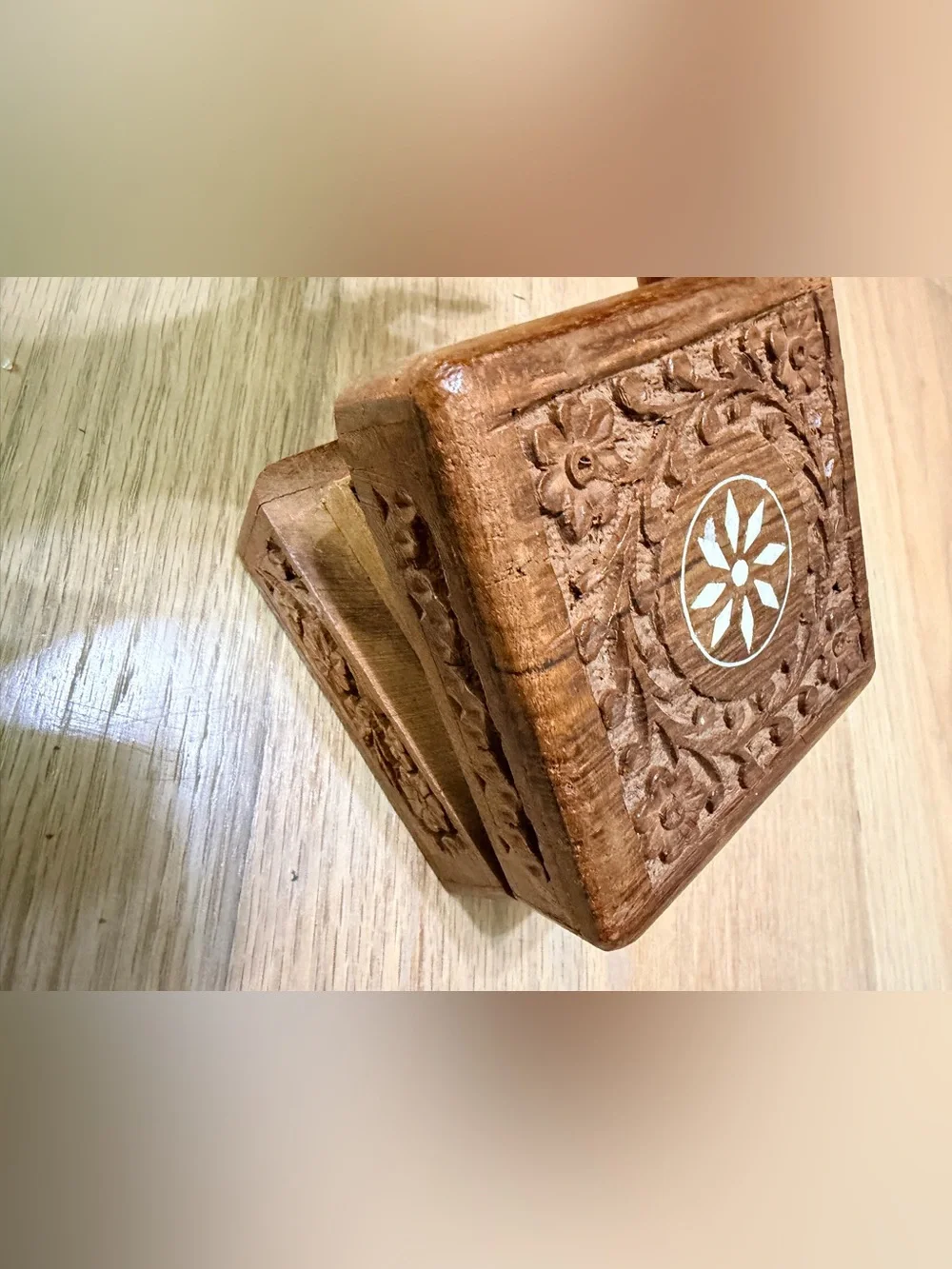 Vintage Carved Wooden Trinket Box with White Inlay
